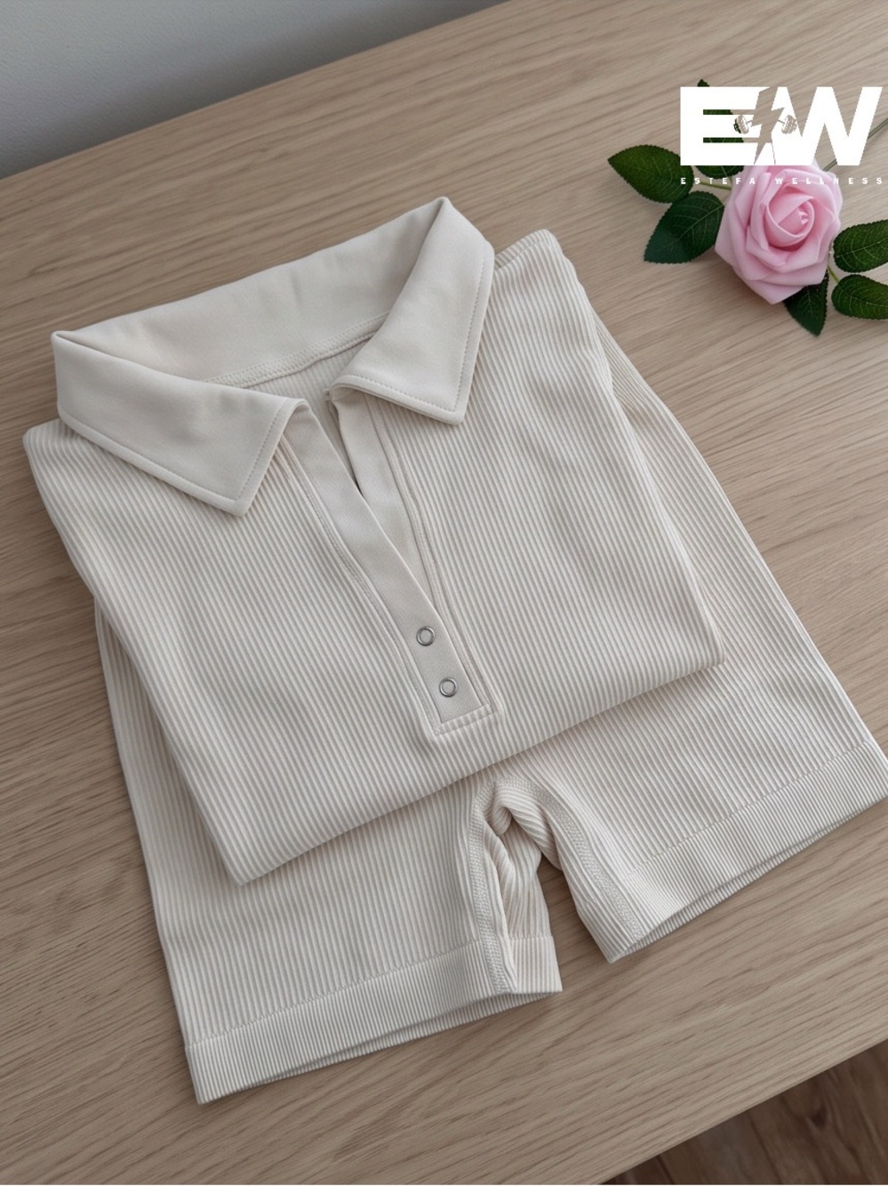 Cream Ribbed Polo Set for Women